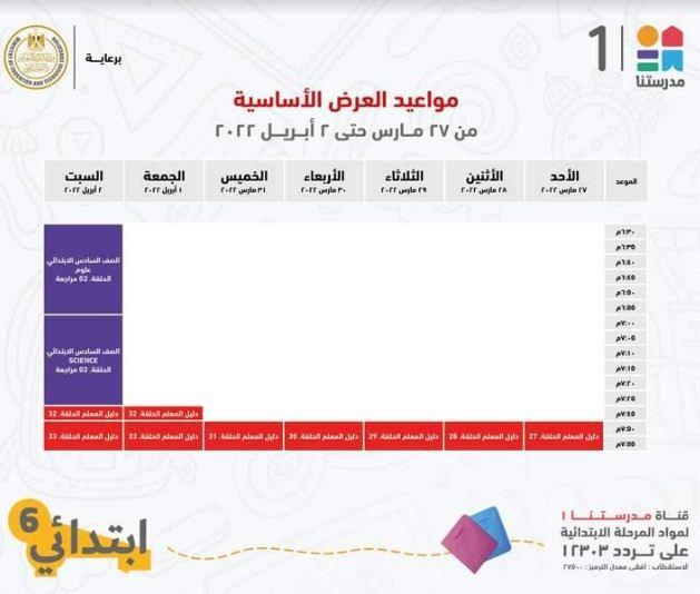 هذا الاسبوع .. مدرستنا 1 تعلن جداول شرح دروس المواد التعليمية للصف السادس الابتدائي