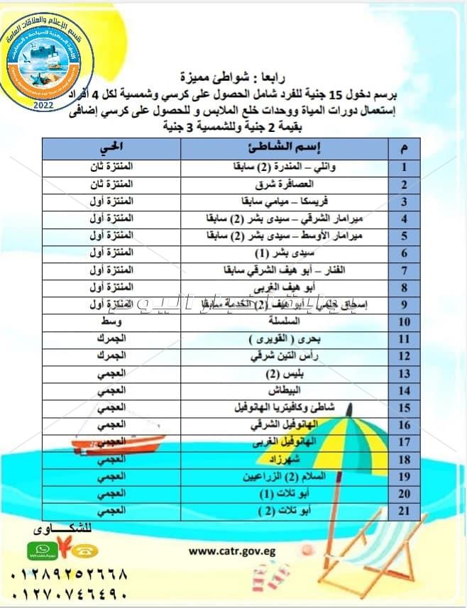 الأسعار الرسمية لجميع شواطئ الإسكندرية صيف 2022
