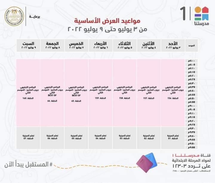 بالجداول .. ننشر مواعيد هرض البرامج التعليمية لطلاب المرحلتين الابتدائية والاعدادية