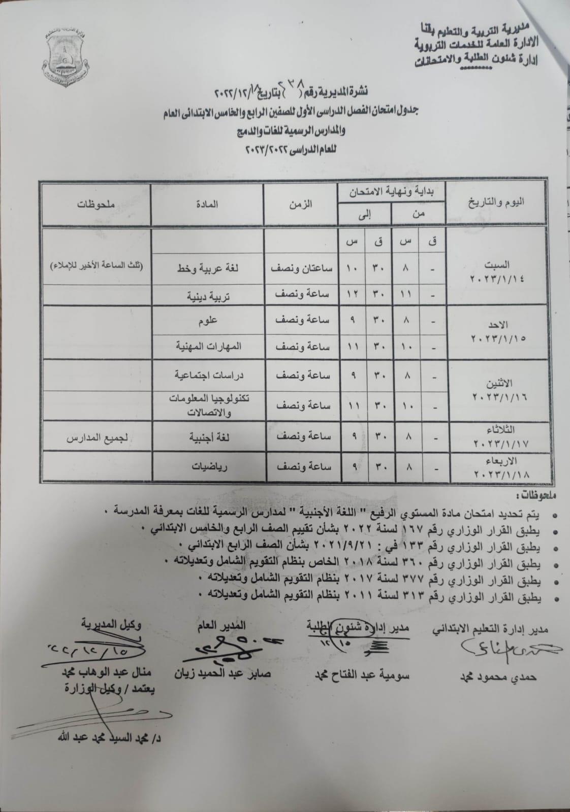ننشر جداول امتحانات الفصل الدراسي الأول بمدارس قنا 