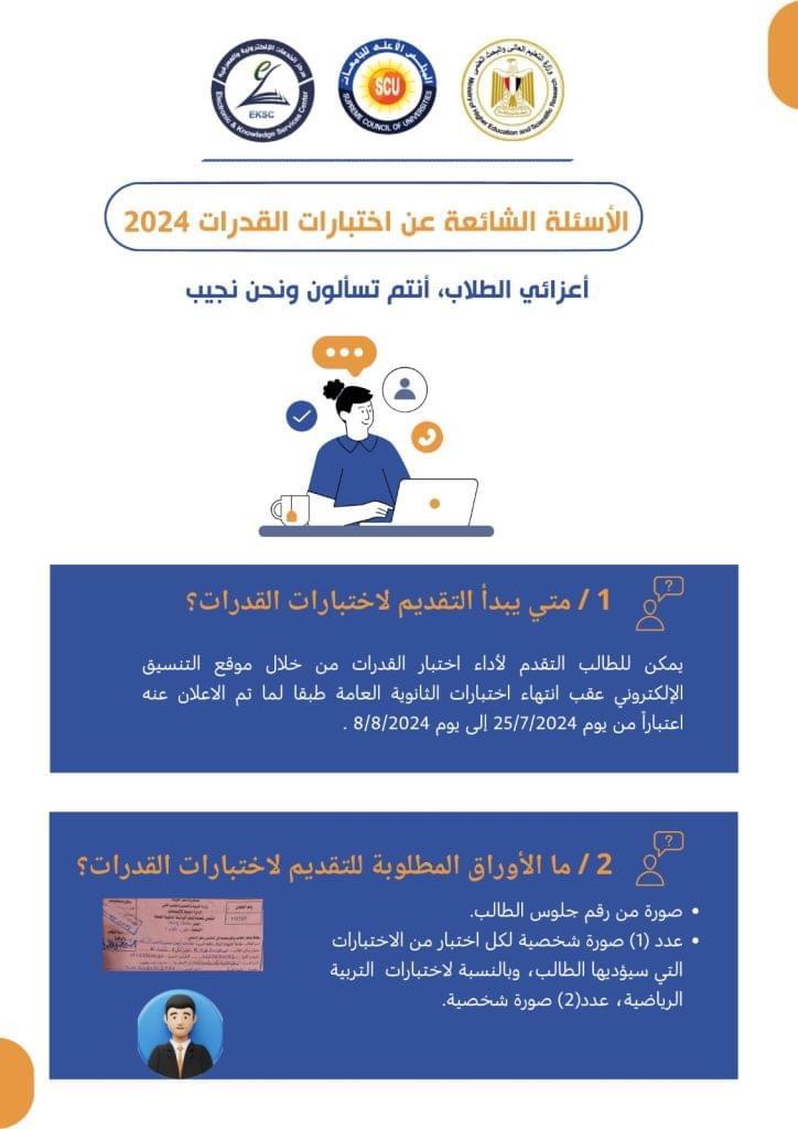 تنسيق الجامعات 2024..بالانفوجرافالأسئلة الشائعة حول اختبارات القدرات بالجامعات الحكومية