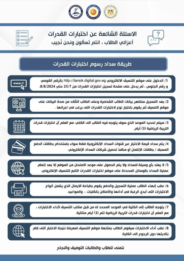 تنسيق الجامعات 2024..بالانفوجرافالأسئلة الشائعة حول اختبارات القدرات بالجامعات الحكومية