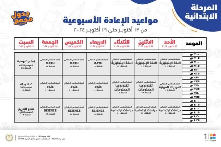  مواعيد البرامج التعليمية لطلاب الصف الرابع والخامس والسادس الابتدائي 