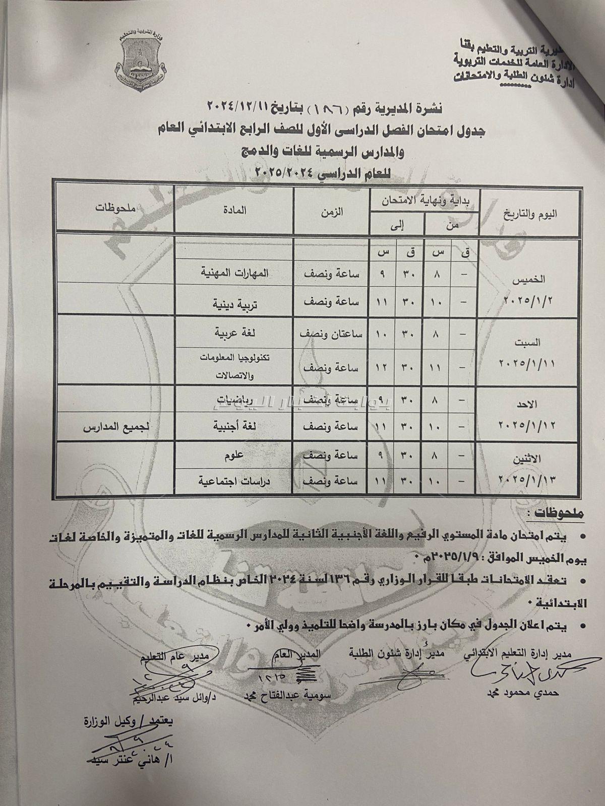 جداول امتحانات النقل والشهادة الإعدادية للفصل الدراسي الأول بقنا