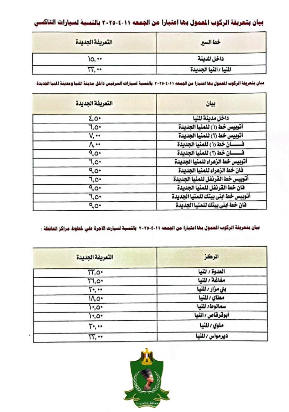 محافظة المنيا تعلن التعريفة الجديدة لنقل الركاب بجميع مراكز المحافظة