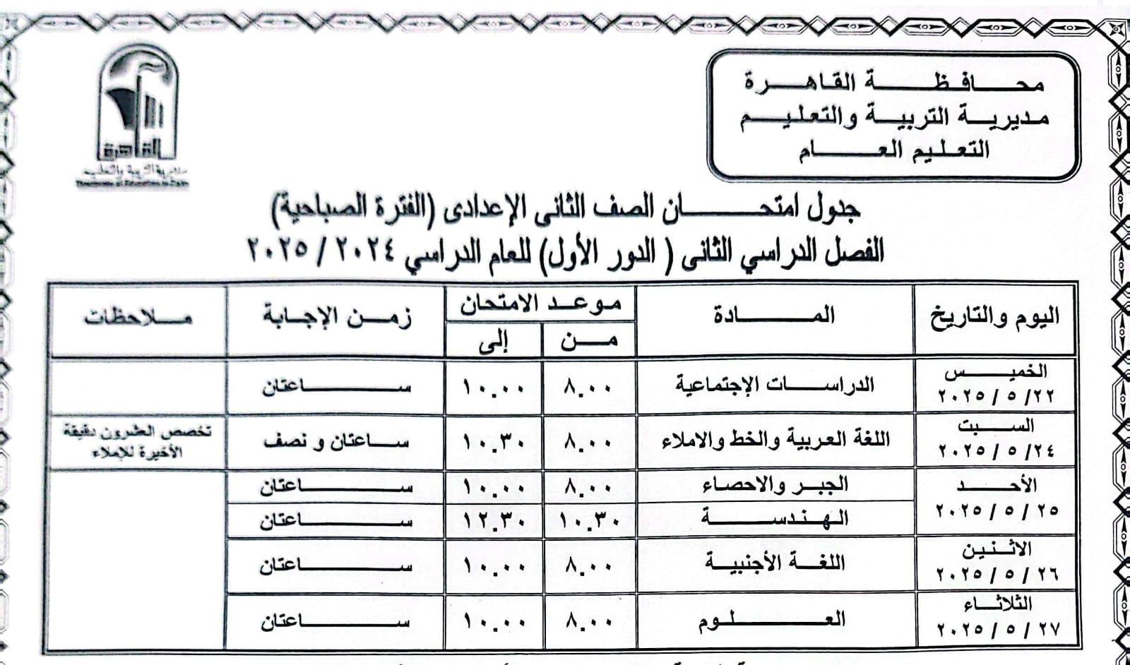 محافظ القاهرة يعتمد جدول امتحانات الفصل الدراسي الثانى للعام الدراسى	