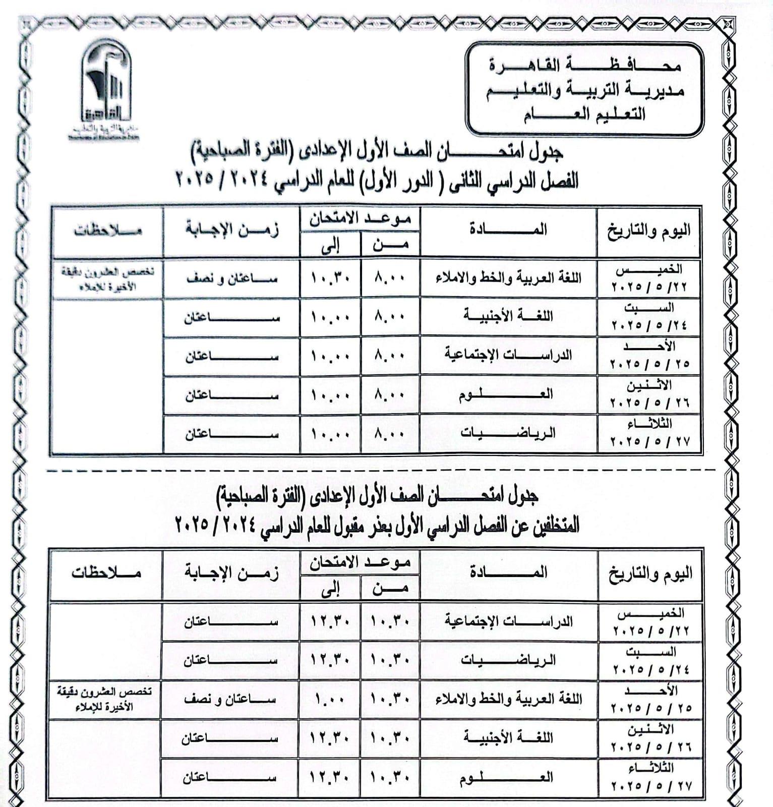 محافظ القاهرة يعتمد جدول امتحانات الفصل الدراسي الثانى للعام الدراسى	