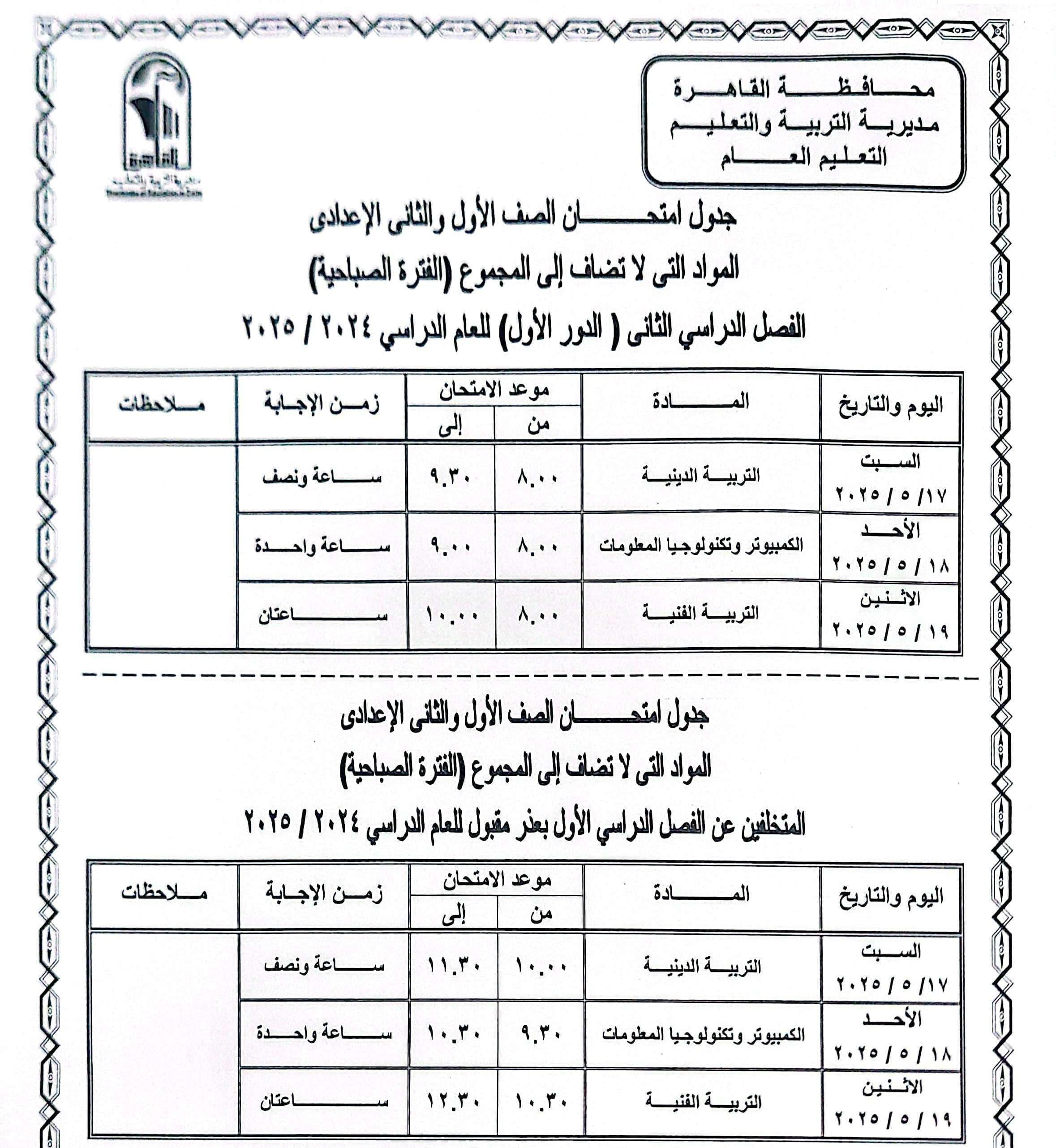 محافظ القاهرة يعتمد جدول امتحانات الفصل الدراسي الثانى للعام الدراسى	
