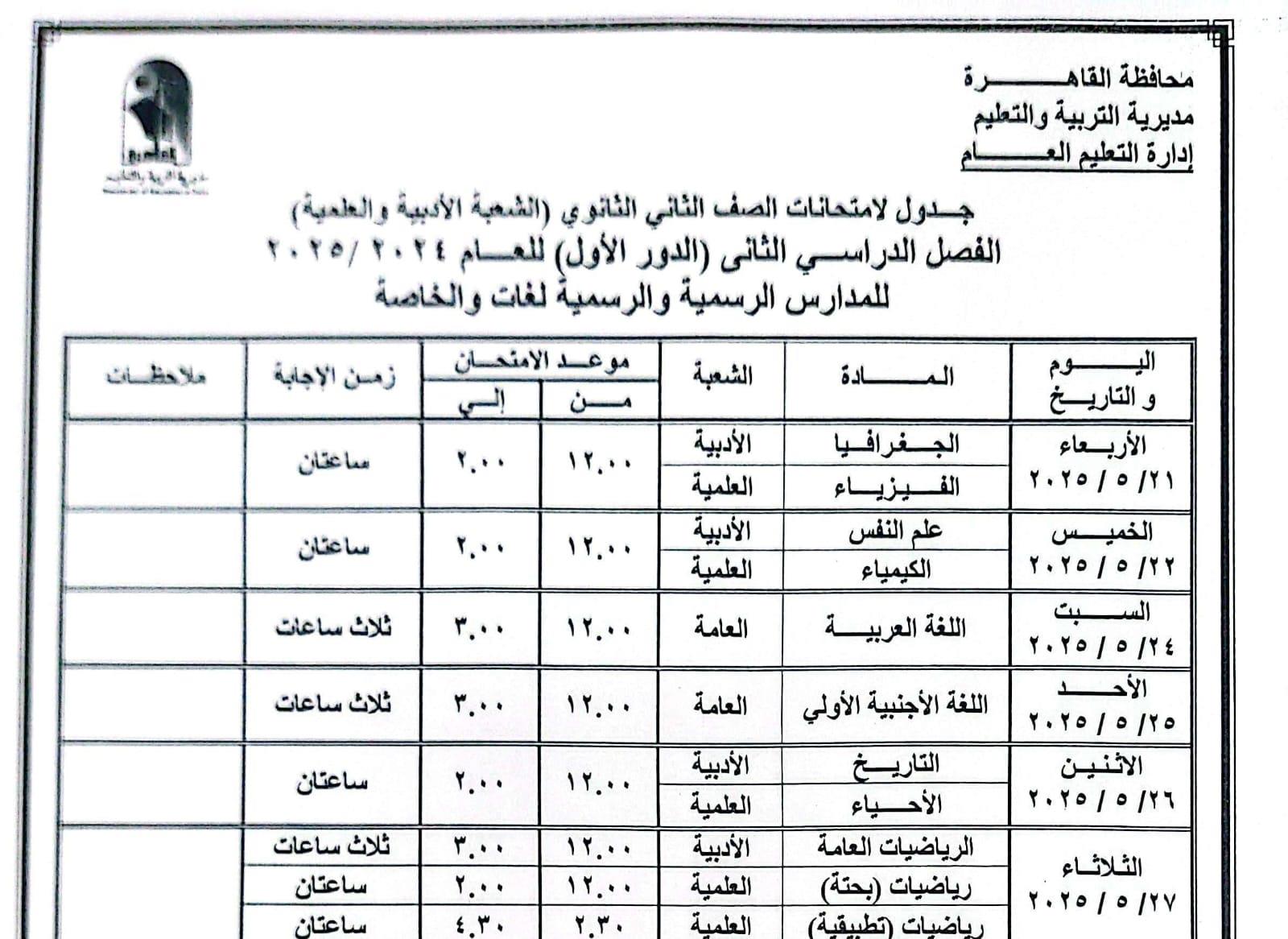 محافظ القاهرة يعتمد جدول امتحانات الفصل الدراسي الثانى للعام الدراسى	