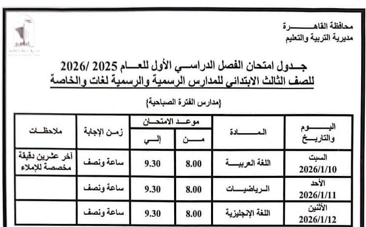 تنشر جدول امتحانات الفصل الدراسي الأول للعام الدراسى بالقاهرة.. صور 