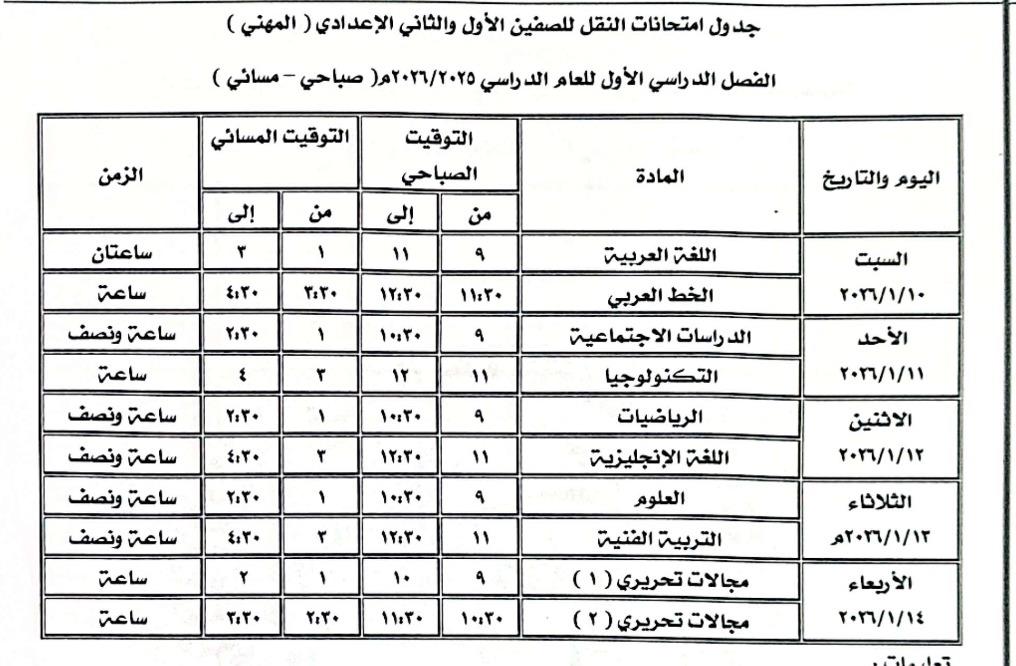 تعليم كفر الشيخ تعلن جدول امتحانات الفصل الدراسي الأول تبدأ من 1 يناير 