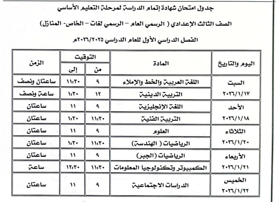 تعليم كفر الشيخ تعلن جدول امتحانات الفصل الدراسي الأول تبدأ من 1 يناير 