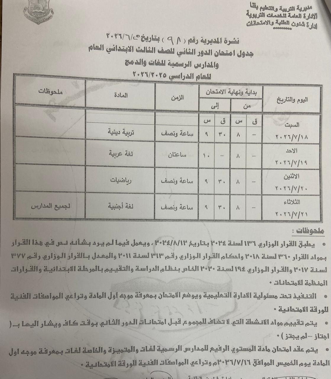 تعليم قنا يعتمد جداول امتحانات الدور الثاني 