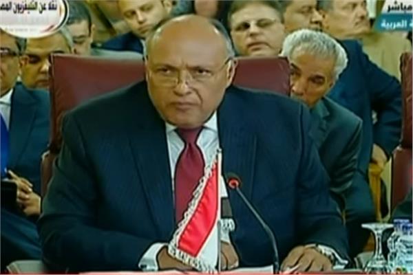 وزير الخارجية سامح شكري خلال كلمته في الاجتماع الطاريء لوزراء الخارجية العرب