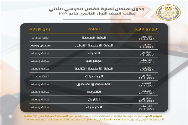 جدول امتحانات الصف الأول الثانوي