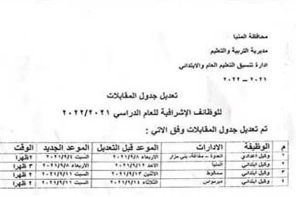 مواعيد مقابلات شغل الوظائف الإشرافية بالمدارس بالمنيا