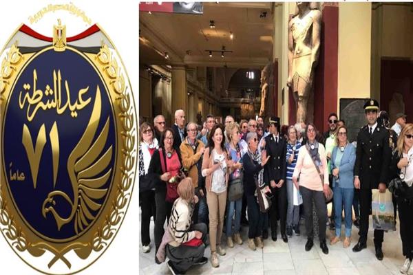 رجال الشرطة أثناء توزيع الهدايا على السائحين