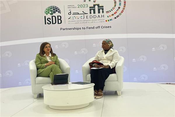 وزيرة التخطيط خلال مشاركتها مجموعة البنك الإسلامي للتنمية في حوار الشراكة النموذجية