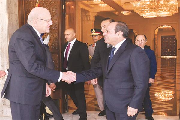 الرئيس عبد الفتاح السيسي خلال استقباله نجيب ميقاتي