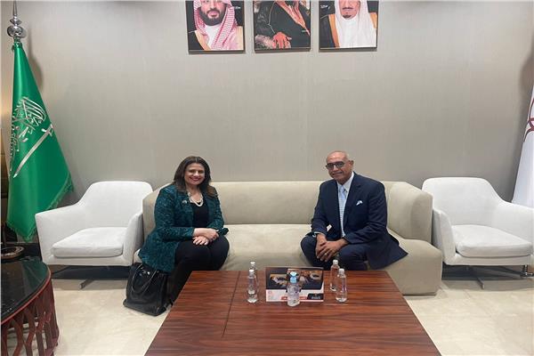 السفيرة سها جندي خلال لقاءها بالسفير أحمد عبد المجيد