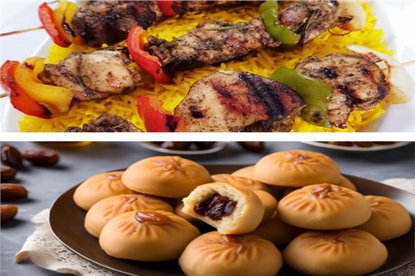 شيش طاووق مع الأرز الأصفر والحلو معمول التمر