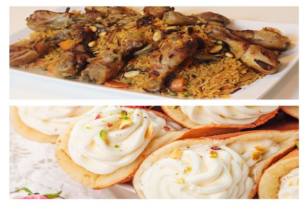 أرز بالخضروات ودبابيس الدجاج والحلو قطايف