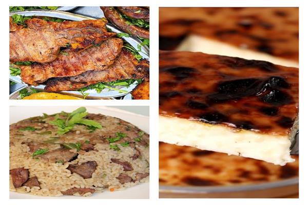 لحم مشوي وأرز بالكلاوي والحلو العزيزية