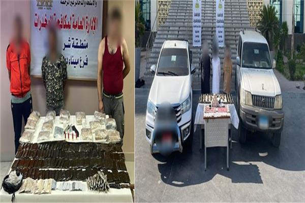 المتهمون وأمامهم المضبوطات