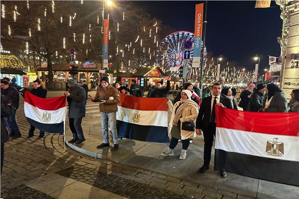 أبناء الجالية المصرية بالنرويج تهتف بالأعلام حبًا في الرئيس السيسي