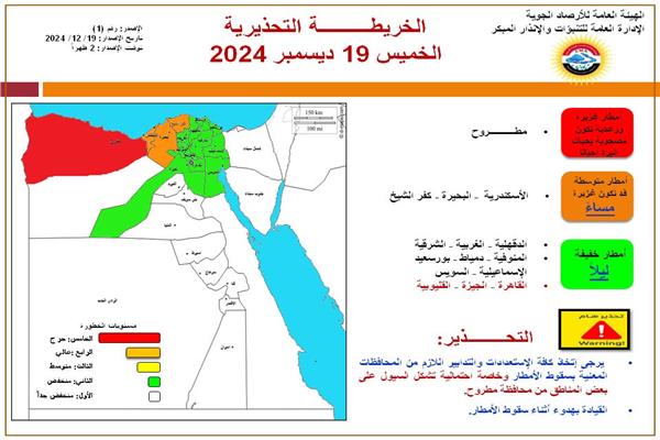 خريطة تحذيرية لمناطق سقوط الأمطار