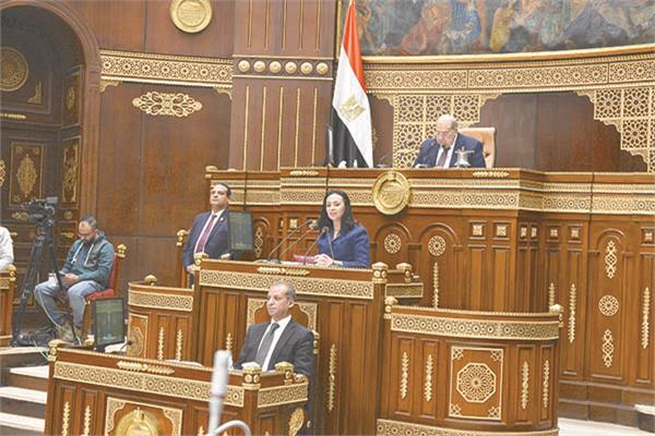وزيرة التضامن تلقى كلمتها أمام مجلس الشيوخ «تصوير: محمد الوشاحى»