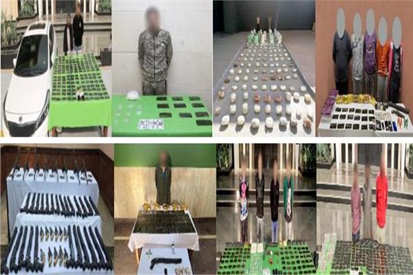 المتهمون وأمامهم المضبوطات