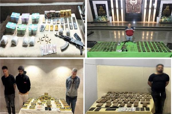 المتهمون وأمامهم المضبوطات