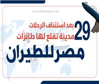 إنفوجراف| بعد استئناف الرحلات.. 29 مدينة تقلع لها طائرات مصر للطيران