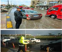 تواجد مكثف لرجال الشرطة لمساعدة المواطنين ومواجهة الأمطار| صور