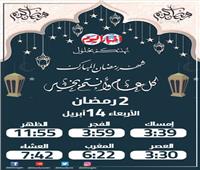 إمساكية شهر رمضان ٢٠٢١ | مواعيد الإفطار والسحور ثاني يوم رمضان