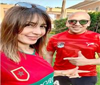 جنات وزوجها قبل مبارة ربع النهائي «مصر والمغرب أشقاء»